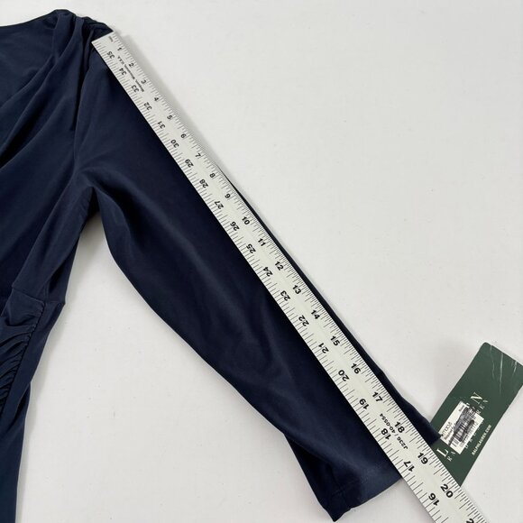 Lauren Ralph Lauren Faux Wrap Ruched Dress Size 10 Navy 3/4 Sleeve Bodycon NWT - Picture 8 of 12